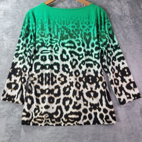 Calvin Klein Womens L Green Leopard Print Keyhole Top Career Blouse 3/4 Sleeve - Picture 6 of 9